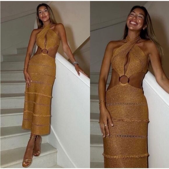 NWT Zara Blogger Fav Buckled Metallic Knit Cutout Dress Gold L Vacation - Picture 1 of 14